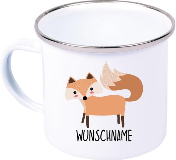 kleckerliese Emaille Kindertasse mit Wunschnamen Teetasse Tasse Motiv Tiermotive Tiere mit Camping Zelten Retro Becher