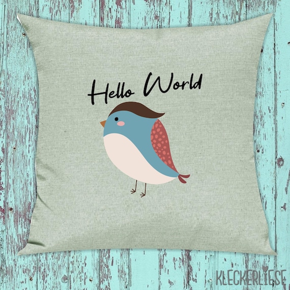 kleckerliese Kissen "Hello World Vogel" Kissenhülle Deko Sofa Hülle Kissenbezug