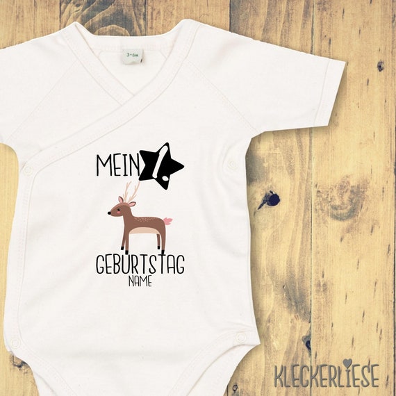 Wickelbody mit Wunschtext "Mein 1. Geburtstag Reh mit Wunschname" Babybody Strampler Wickelbody Organic Kimono Kurzarm Baby Body