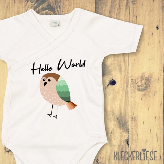 kleckerliese Wickel Baby Body "Hello World Vogel" Babybody Strampler Wickelbody Organic Kimono Kurzarm