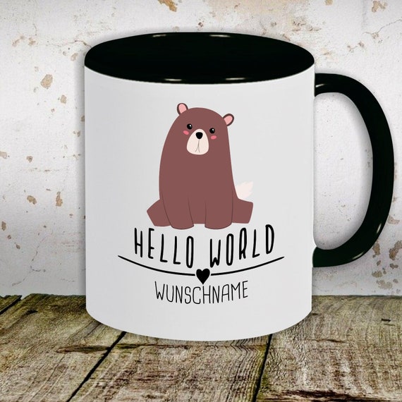 Kaffeetasse mit Wunschnamen Tasse Motiv "Hello World Bär Wunschname" Tasse Teetasse Milch Kakao