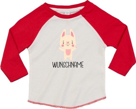 Kleckerliese Baby Kinder T-Shirt mit Wunschnamen Langarmshirt  "Tiermotiv mit Wunschnamen Hase Häschen" Raglan-Ärmel Jungen Mädchen