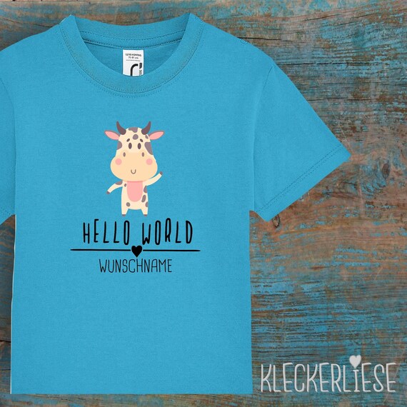 Kinder Baby Shirt mit Wunschname Kleinkind "Hello World Kuh Wunschname" T-Shirt Jungen Mädchen