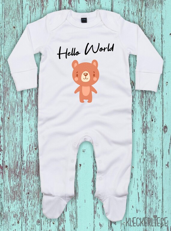 Kleckerliese Baby Schlafanzug "Hello World Bär" Sleepsuit Langarm Jungen Mädchen Einteiler Strampler