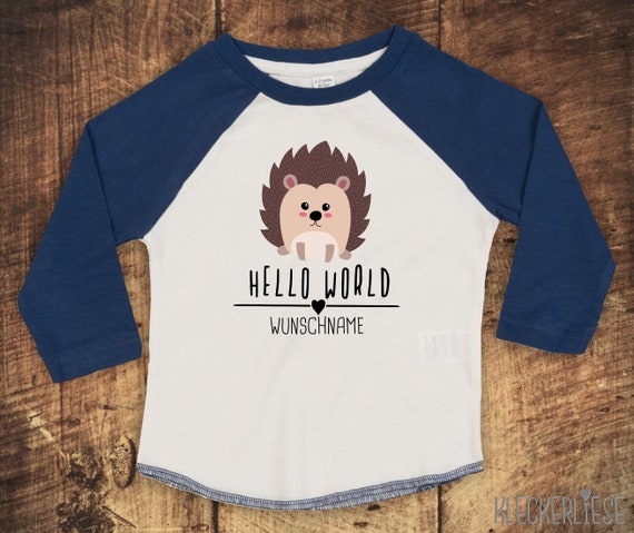 T-Shirt Langarmshirt mit Wunschname "Hello World Igel Wunschname" Raglan-Ärmel Jungen Mädchen Baby Kinder