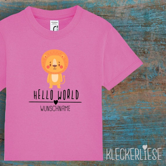 Kinder Baby Shirt mit Wunschname Kleinkind "Hello World Löwe Wunschname" T-Shirt Jungen Mädchen