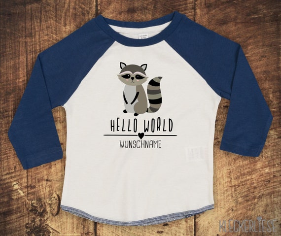 T-Shirt Langarmshirt mit Wunschname "Hello World Waschbär Wunschname" Raglan-Ärmel Jungen Mädchen Baby Kinder