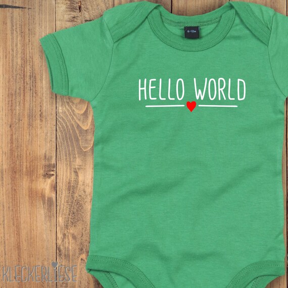 Baby Body "Hello World Herz" Babybody Strampler Jungen Mädchen Kurzarm