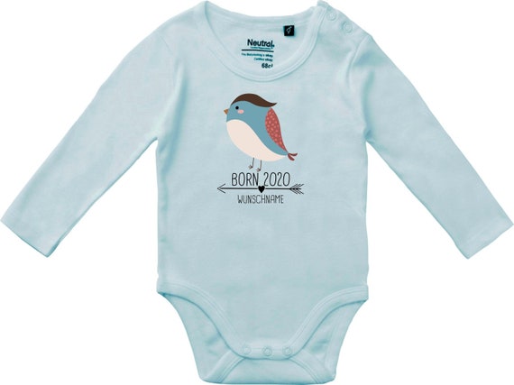 kleckerliese Langarm Babybody "Born 2020 Tiermotiv Pfeil Wunschname Name Text Vogel" mit oder Name Baby Body Jungen Mädchen Fair Wear