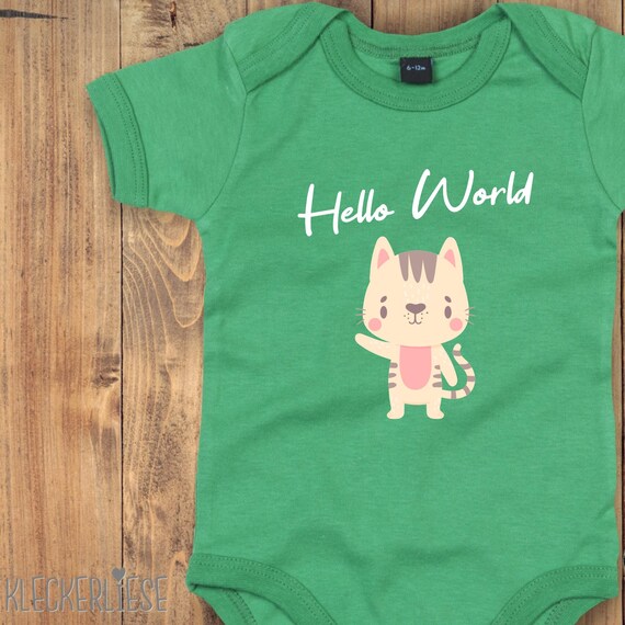 Baby Body "Hello World Katze" Babybody Strampler Jungen Mädchen Kurzarm