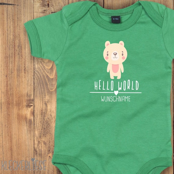 Baby Body mit Wunschtext "Hello World Eisbär Wunschname" Babybody Strampler Jungen Mädchen Kurzarm