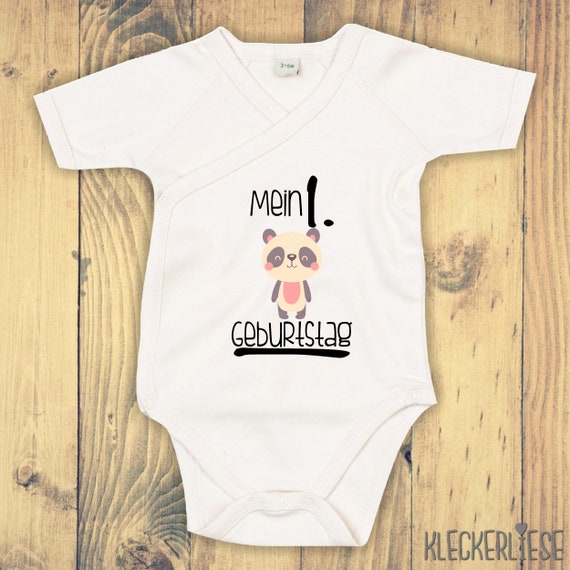 kleckerliese Wickel Baby Body "Mein 1. Geburtstag Pandabär" Babybody Strampler Wickelbody Organic Kimono Kurzarm