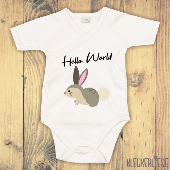 kleckerliese Wickel Baby Body "Hello World Hase" Babybody Strampler Wickelbody Organic Kimono Kurzarm