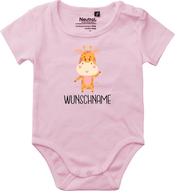 kleckerliese Babybody Body "Tiermotiv mit Wunschnamen Giraffe" mit Wunschtext oder Namen Fair Wear Jungen Mädchen
