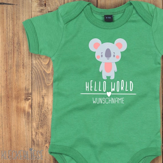 Baby Body mit Wunschtext "Hello World Koala Wunschname" Babybody Strampler Jungen Mädchen Kurzarm