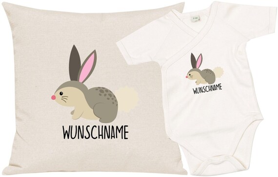 kleckerliese Geschenkset Geburt Kissen Body mit Tiermotiv "Hase" Fair Wear mit Kissenfüllung