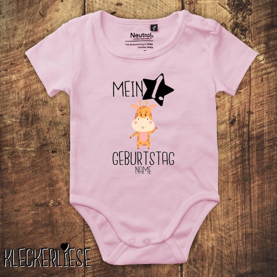 kleckerliese Babybody Body mit Wunschname "Mein 1. Geburtstag Giraffe mit Wunschname" Fair Wear, Bio, Organic Baby Jungen Mädchen
