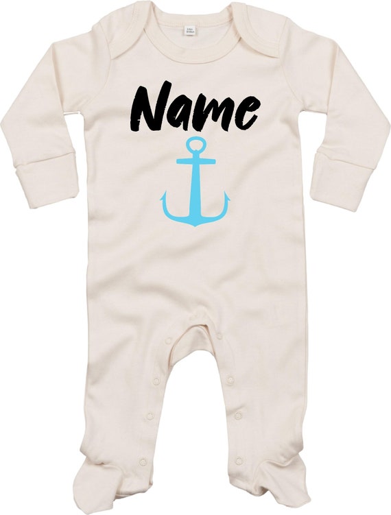 Kleckerliese Baby Schlafanzug mit Wunschnamen "Name Wunschname Anker" Sleepsuit Langarm Jungen Mädchen Einteiler Strampler