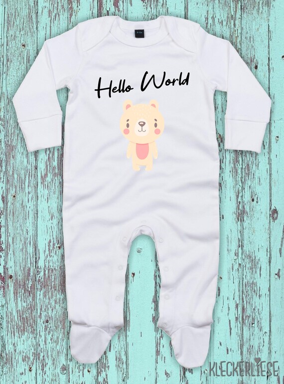 Kleckerliese Baby Schlafanzug "Hello World Eisbär" Sleepsuit Langarm Jungen Mädchen Einteiler Strampler