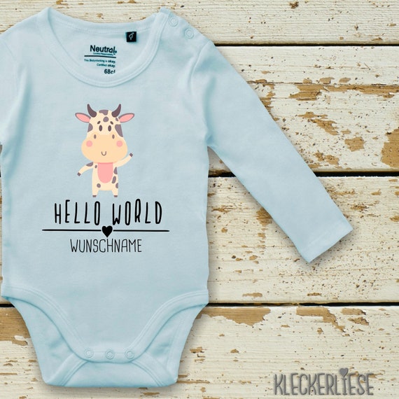 Langarm Body mit Wunschname Babybody "Hello World Kuh Wunschname" Fair Wear Bio Organic