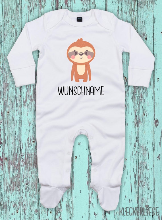 Kleckerliese Baby Schlafanzug mit Wunschnamen "Tiermotiv mit Wunschnamen Faultier " Sleepsuit Langarm Jungen Mädchen Einteiler Strampler