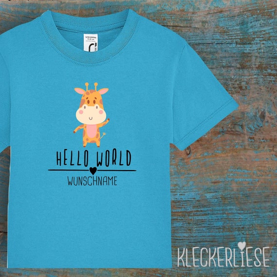 Kinder Baby Shirt mit Wunschname Kleinkind "Hello World Giraffe Wunschname" T-Shirt Jungen Mädchen