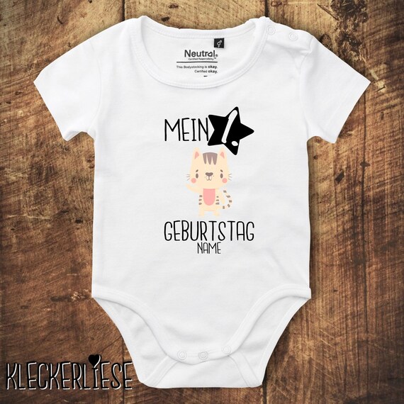 kleckerliese Babybody Body mit Wunschname "Mein 1. Geburtstag Katze mit Wunschname" Fair Wear, Bio, Organic Baby Jungen Mädchen