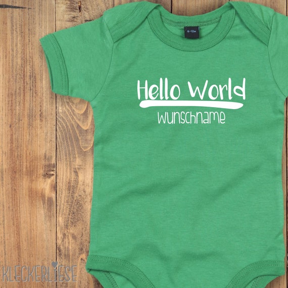 Baby Body mit Wunschtext "Hello World Wunschname" Babybody Strampler Jungen Mädchen Kurzarm