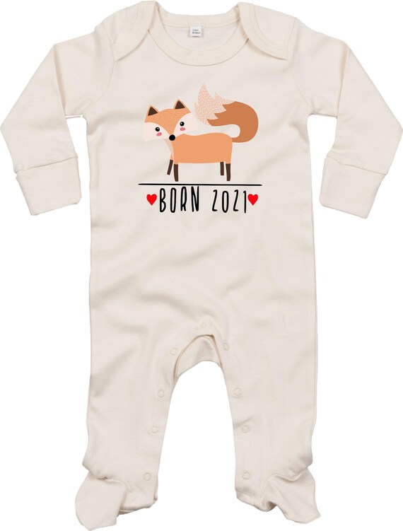 Kleckerliese Baby Schlafanzug "Born 2021 Tiermotiv Fuchs" Sleepsuit Langarm Jungen Mädchen Einteiler Strampler