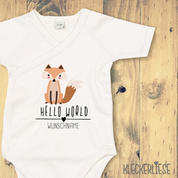 Wickelbody mit Wunschtext "Hello World Fuchs Wunschname" Babybody Strampler Wickelbody Organic Kimono Kurzarm Baby Body