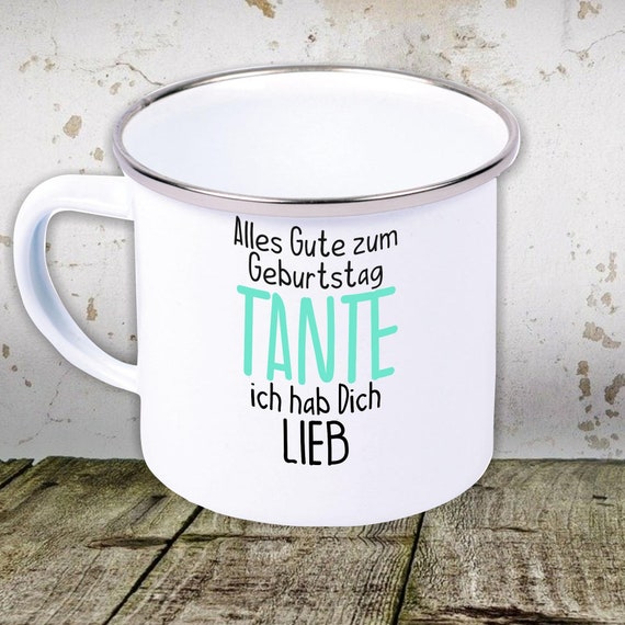 kleckerliese Emaille Kindertasse Teetasse Tasse "Alles Gute TANTE ich hab Dich Lieb" Camping Zelten Retro Becher