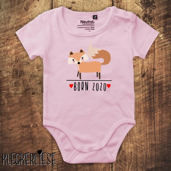 kleckerliese Babybody Body "Born 2020 Tiermotiv Fuchs" Fair Wear Jungen Mädchen Motiv Aufdruck