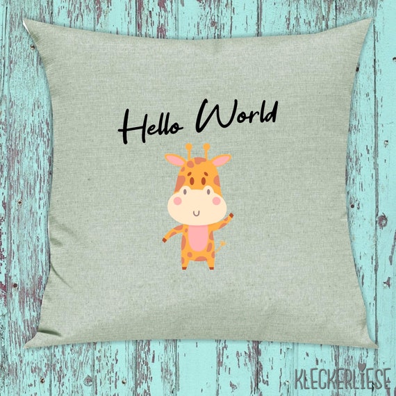 kleckerliese Kissen "Hello World Giraffe" Kissenhülle Deko Sofa Hülle Kissenbezug