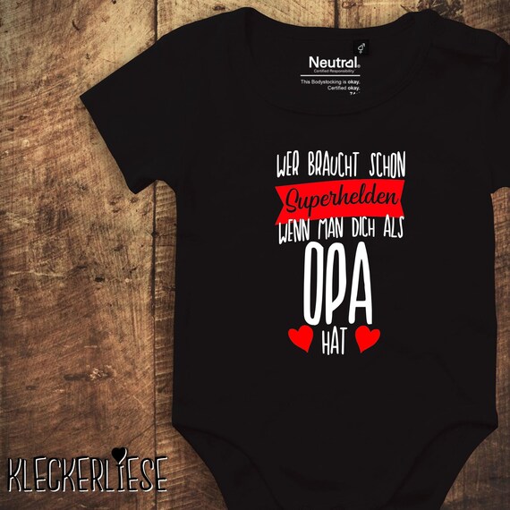 Baby bodysuit "Who needs superheroes when they have you as a grandpa" Fair Wear