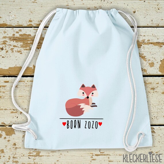 Kleckerliese Kinder Gymsack "Born 2020 Tiermotiv Fuchs" Rucksack Bag Stoffbeutel Turnbeutel Tragetasche