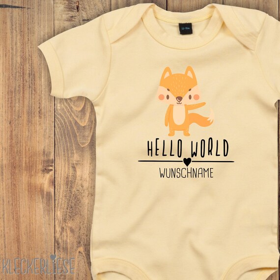 Baby Body mit Wunschtext "Hello World Fuchs Wunschname" Babybody Strampler Jungen Mädchen Kurzarm