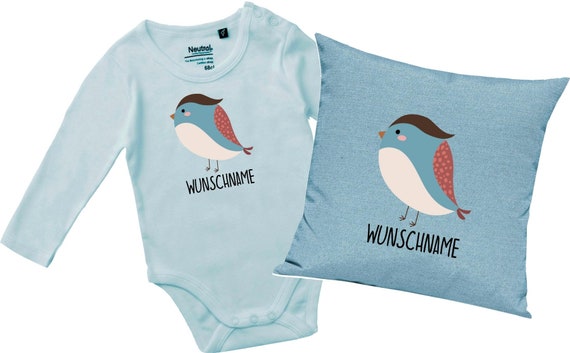 kleckerliese Geschenkset Geburt Kissen Langarm Body mit Tiermotiv "Vogel" Fair Wear mit Kissenfüllung