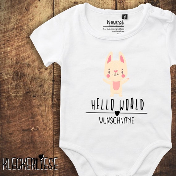 kleckerliese Babybody Body mit Wunschname "Hello World Hase Wunschname" Fair Wear, Bio, Organic Baby Jungen Mädchen