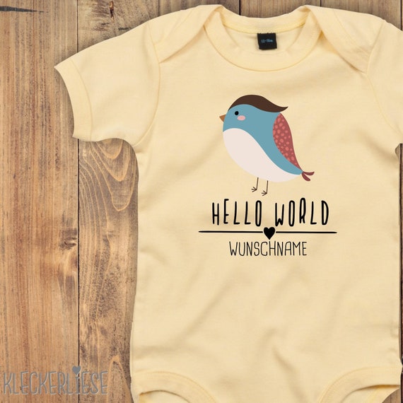 Baby Body mit Wunschtext "Hello World Vogel Wunschname" Babybody Strampler Jungen Mädchen Kurzarm