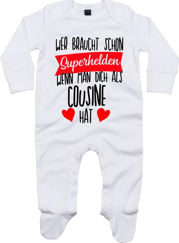 Kleckerliese Baby Schlafanzug "Wer braucht schon Superhelden wenn man Dich als COUSINE hat" Sleepsuit Langarm Jungen Mädchen Einteiler