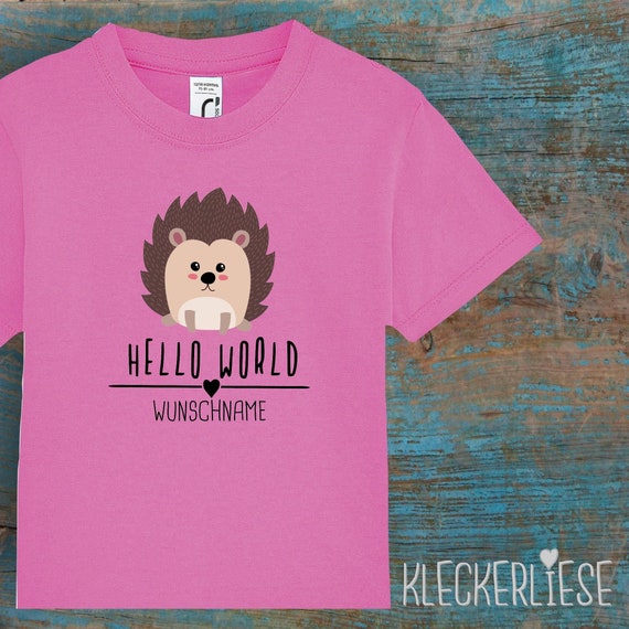 Kinder Baby Shirt mit Wunschname Kleinkind "Hello World Igel Wunschname" T-Shirt Jungen Mädchen