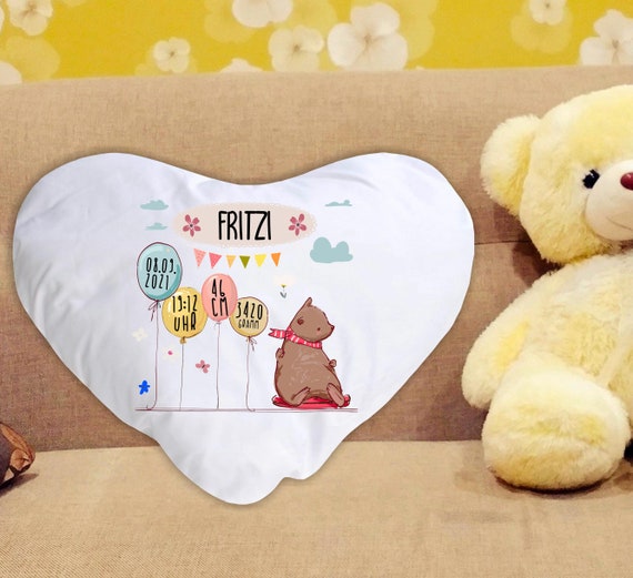 personalisierbarer Kissenbezug Bär zur Geburt mit Wunschname, Datum, Uhrzeit, Gewicht und Größe Kuschelkissen vers. Formen Geschenk Taufe