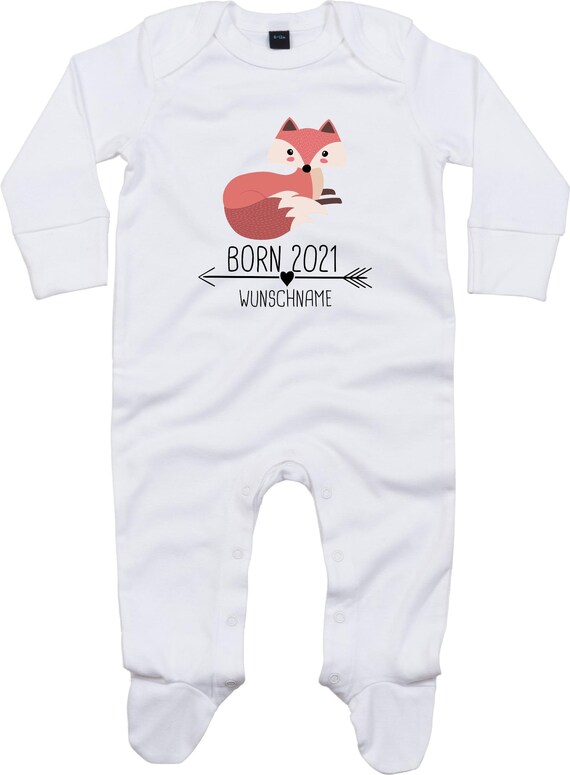 Kleckerliese Baby Schlafanzug "Born 2021 Tiermotiv Pfeil Wunschname Name Text Fuchs" Sleepsuit Langarm Jungen Mädchen Einteiler Strampler