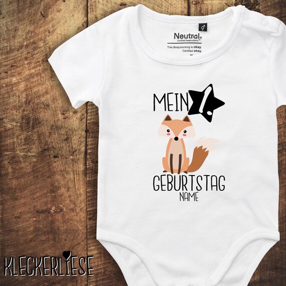 kleckerliese Babybody Body mit Wunschname "Mein 1. Geburtstag Fuchs mit Wunschname" Fair Wear, Bio, Organic Baby Jungen Mädchen