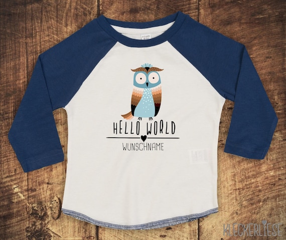 T-Shirt Langarmshirt mit Wunschname "Hello World Eule Wunschname" Raglan-Ärmel Jungen Mädchen Baby Kinder