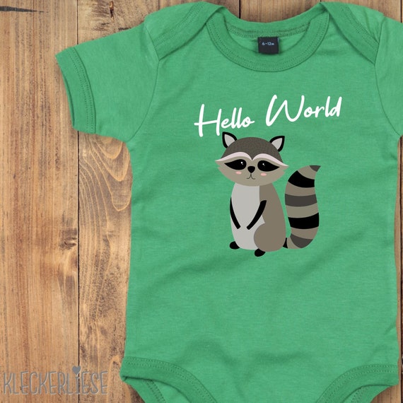 Baby Body "Hello World Waschbär" Babybody Strampler Jungen Mädchen Kurzarm