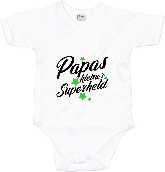 kleckerliese Wickel Baby Body "Papas kleiner Superheld" Babybody Strampler Wickelbody Organic Kimono Kurzarm