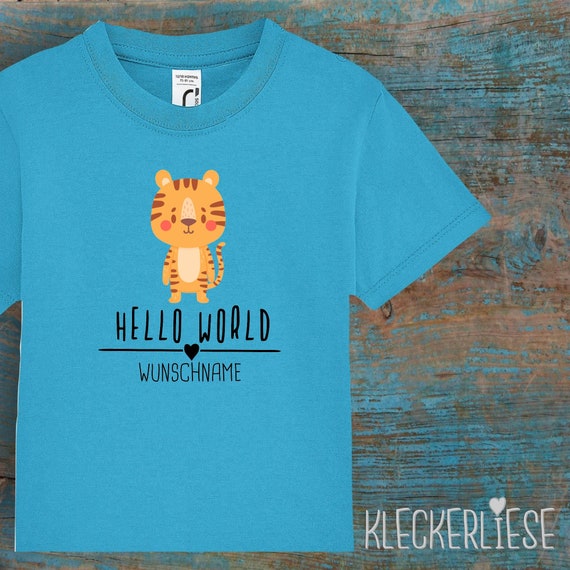 Kinder Baby Shirt mit Wunschname Kleinkind "Hello World Tiger Wunschname" T-Shirt Jungen Mädchen