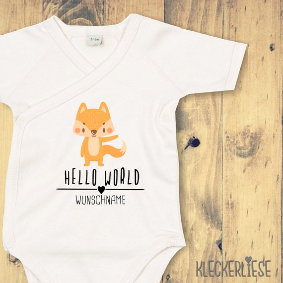 Wickelbody mit Wunschtext "Hello World Fuchs Wunschname" Babybody Strampler Wickelbody Organic Kimono Kurzarm Baby Body