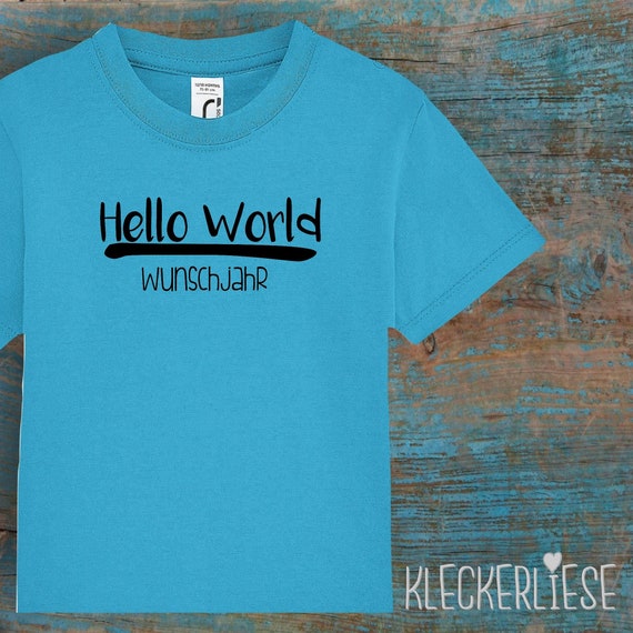 Kinder Baby Shirt mit Wunschname Kleinkind "Hello World Wunschjahr" T-Shirt Jungen Mädchen